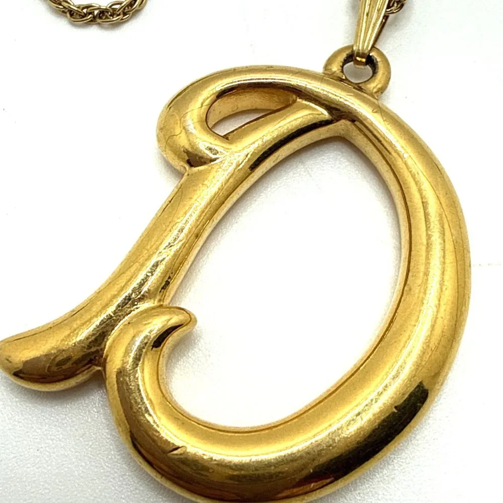 Vintage AVON Monogram D Pendant Necklace Monet Gold Tone Chain Long 30